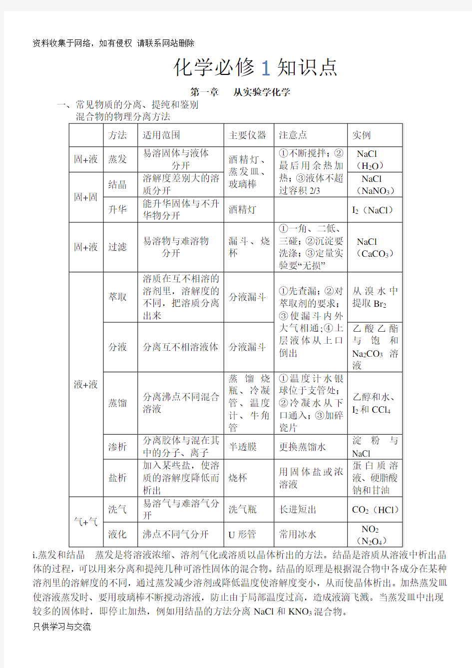 人教版高一化学必修一知识点超全总结