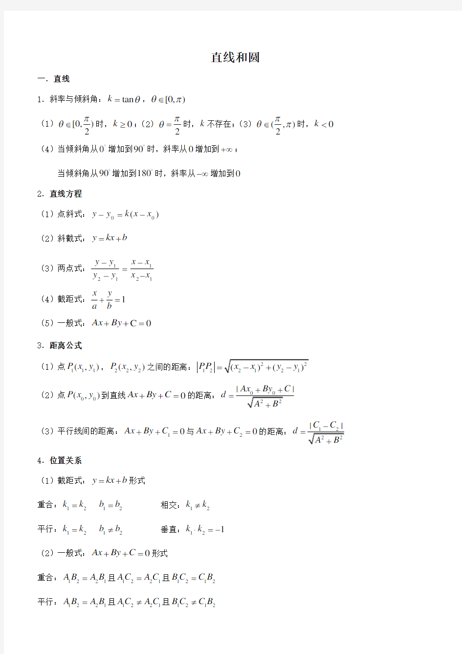 (精心整理)高中数学直线和圆知识点总结