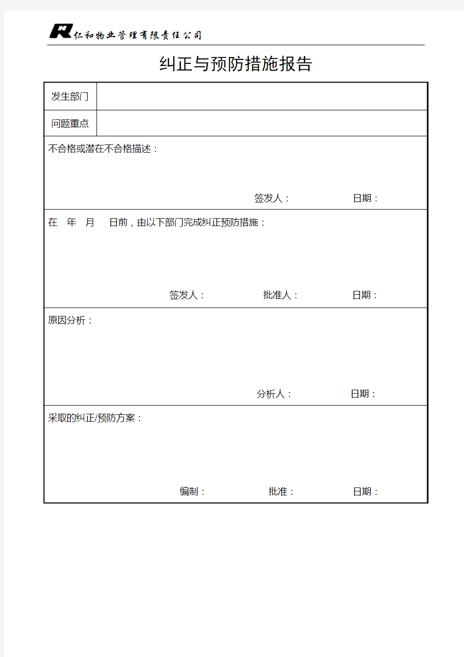 物业公司品质管理表格