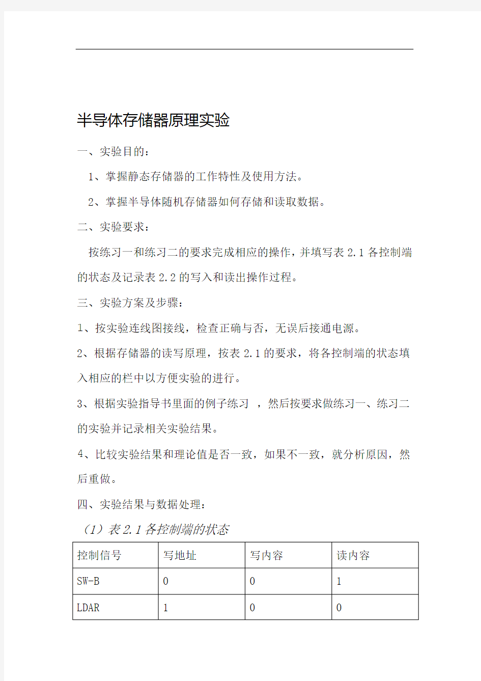 计算机组成原理实验报告二 半导体存储器原理实验