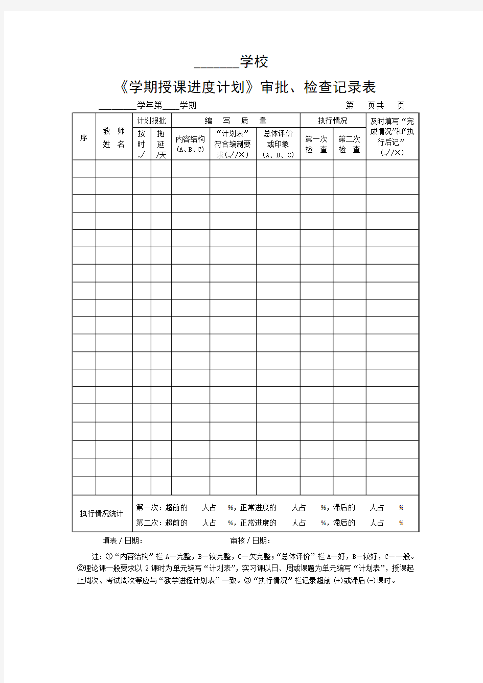 授课教学计划进度检查表