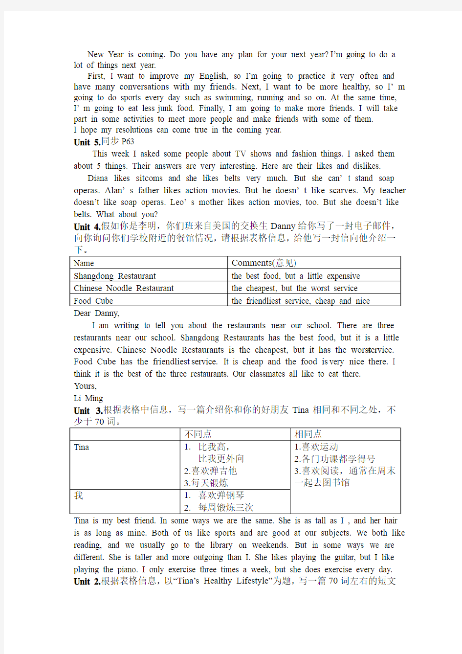 2016-2017学年人教版英语八年级上册期末作文范文