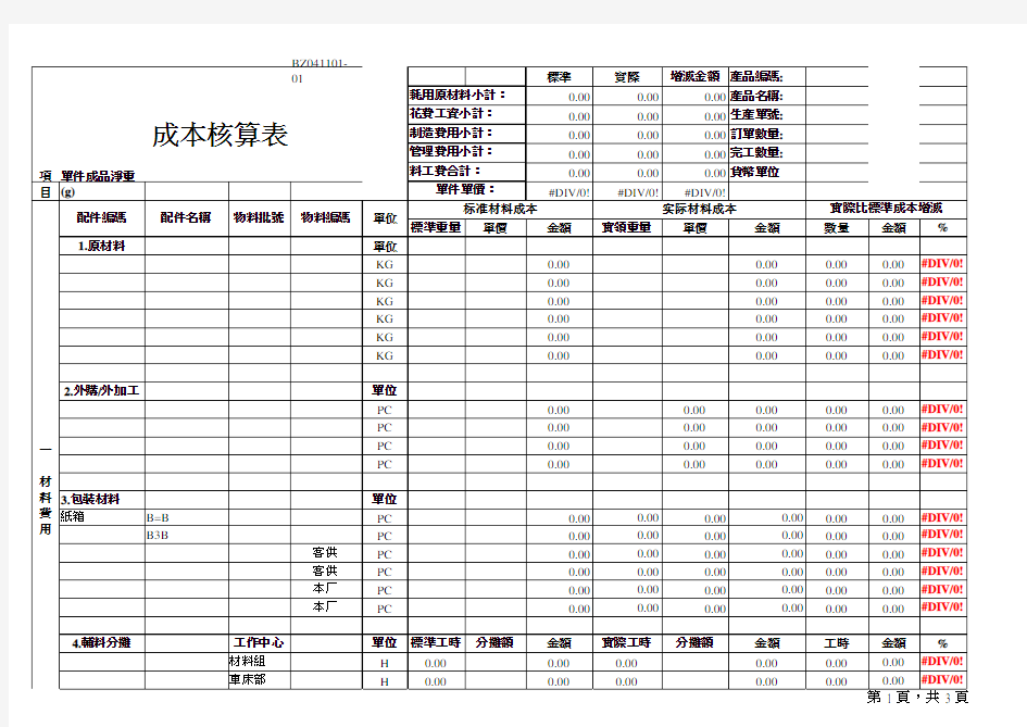 成本核算表格