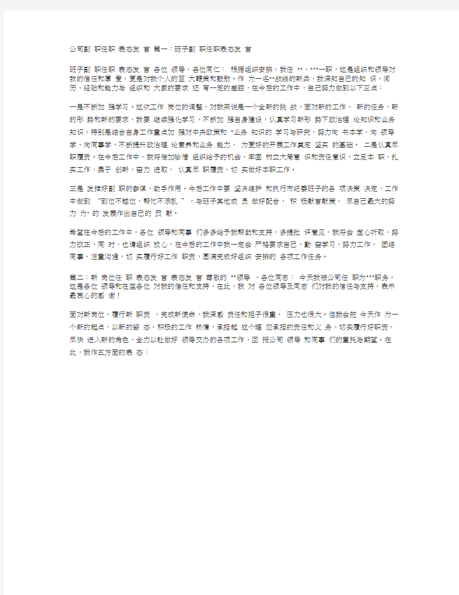 公司副职任职表态发言