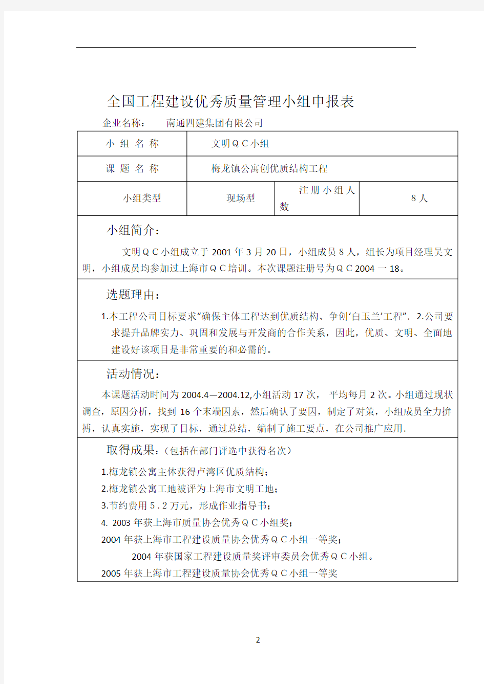 全国工程建设优秀QC小组申报表