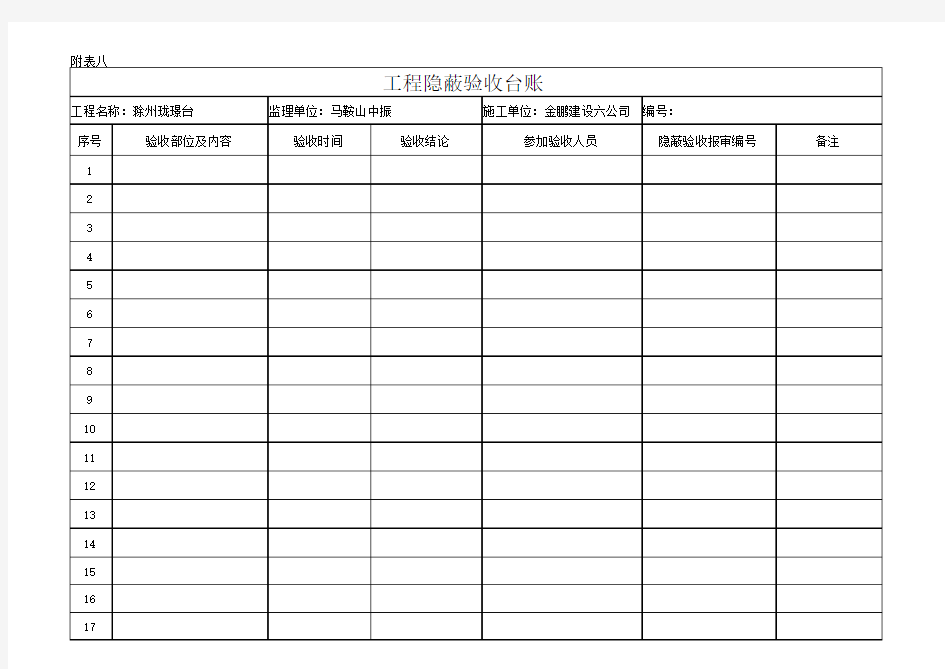 工程隐蔽验收台账 模板