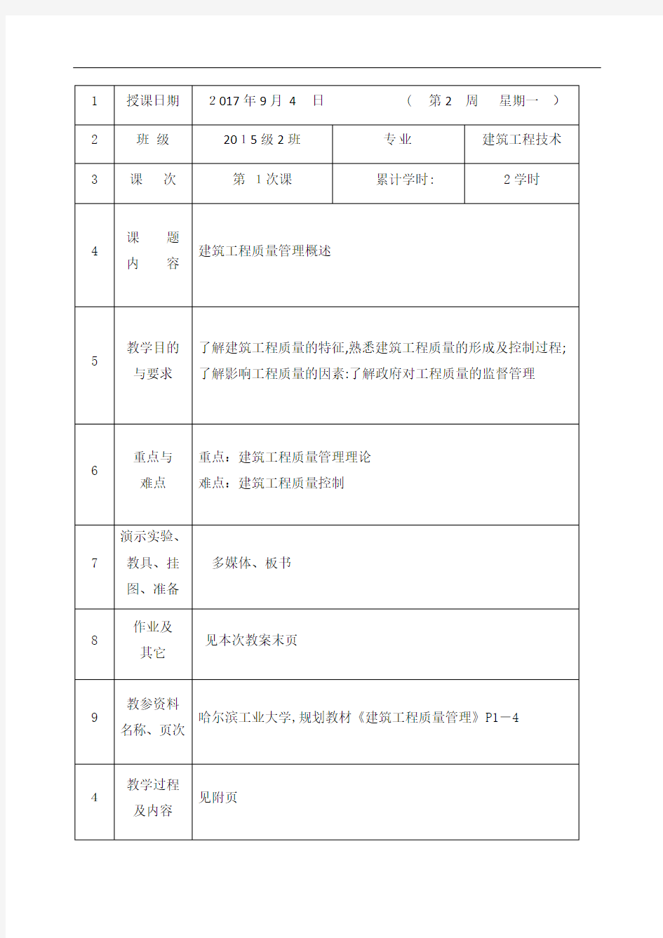 建筑工程土木方向质量管理教案