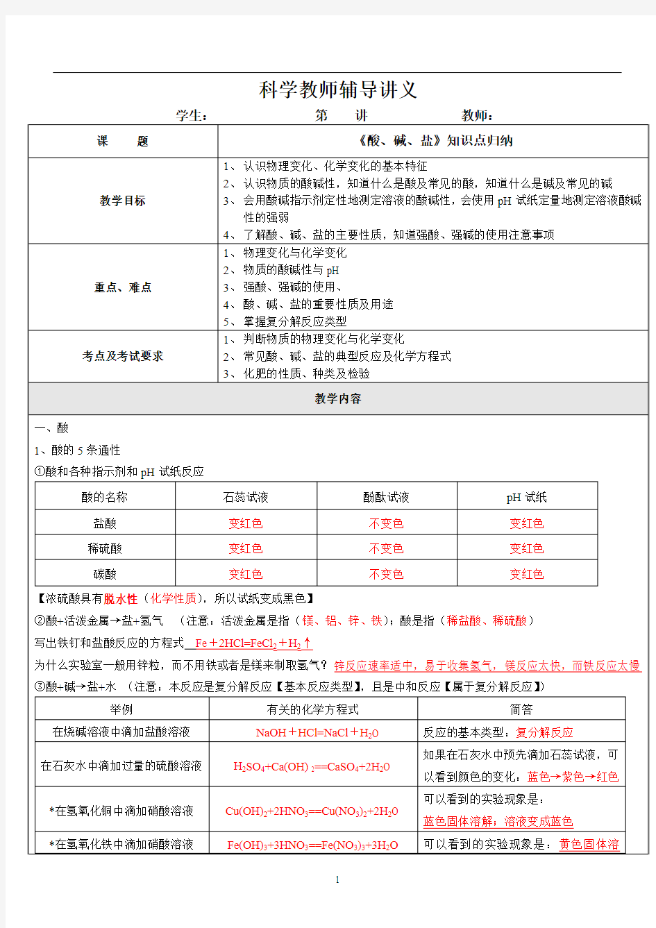 九上科学酸碱盐知识点填空及答案