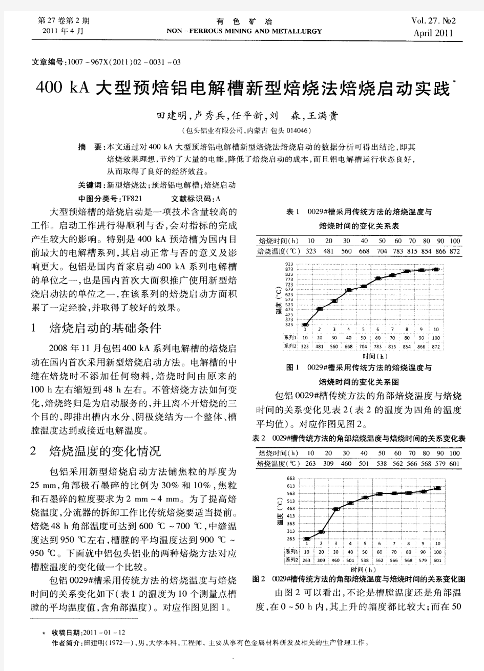 400kA大型预焙铝电解槽新型焙烧法焙烧启动实践