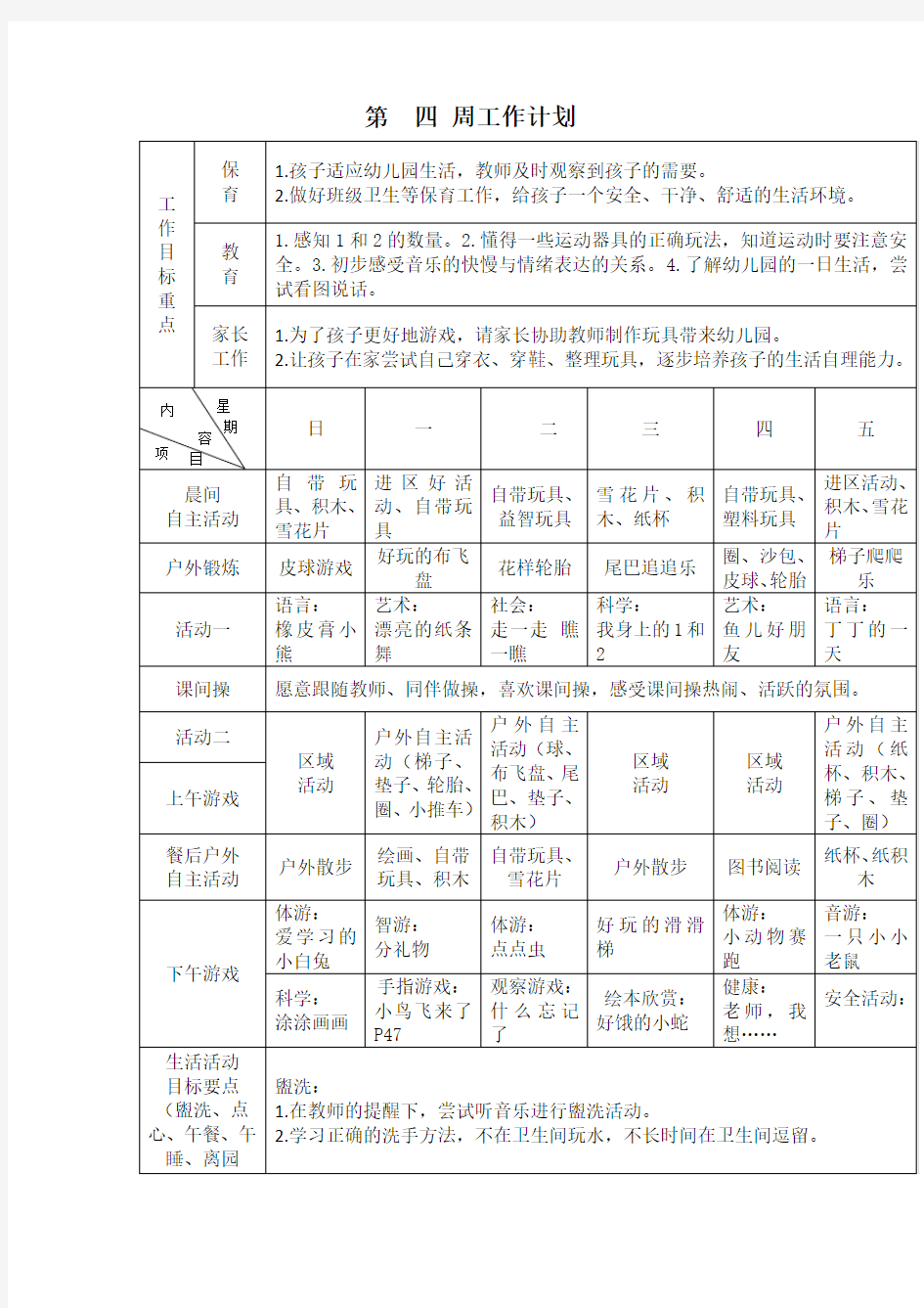 小班上第四周计划