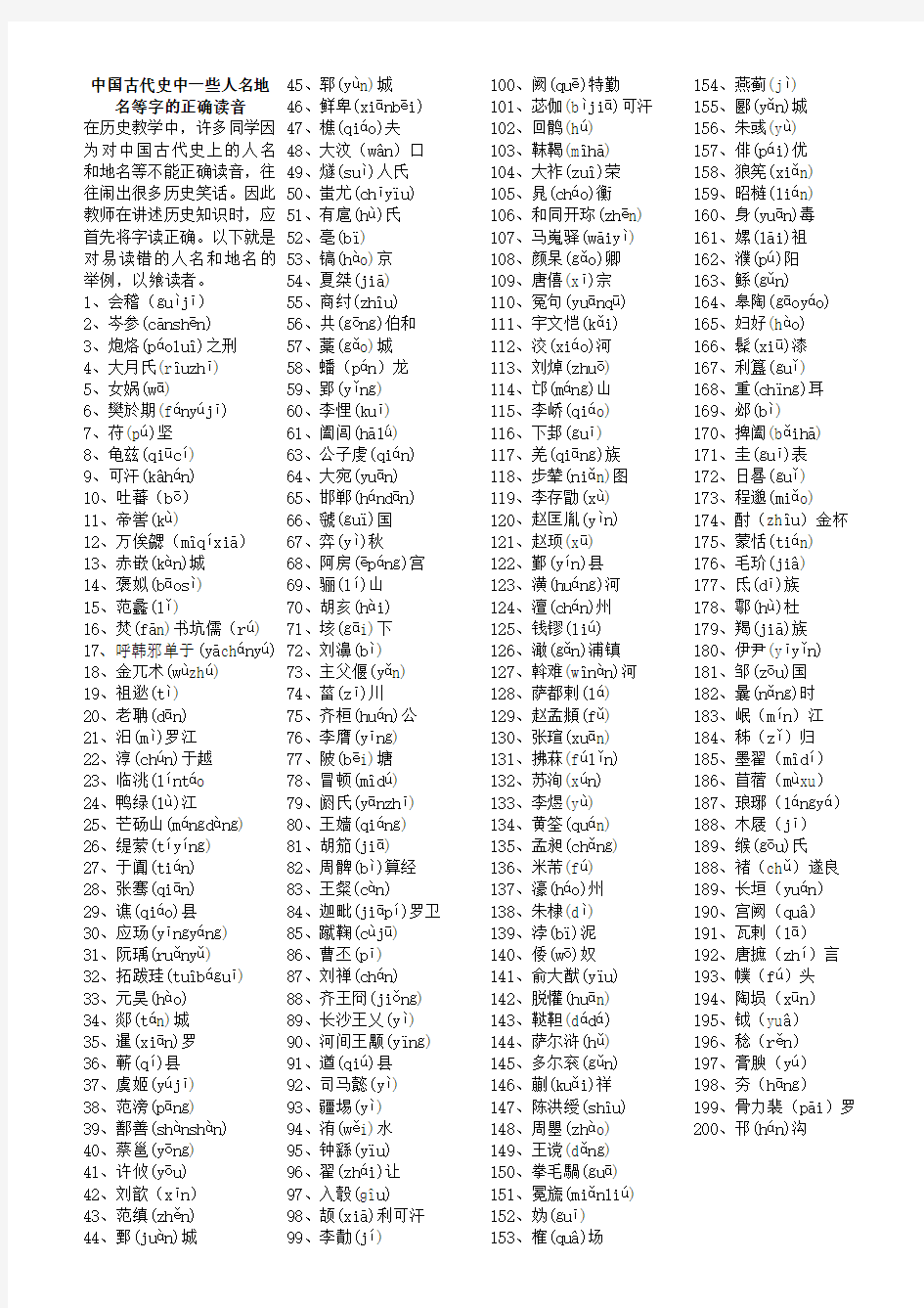 中国古代一些人名、地名读音
