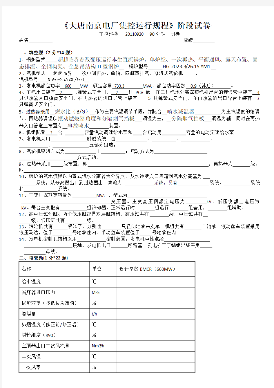 《大唐电厂集控运行规程》