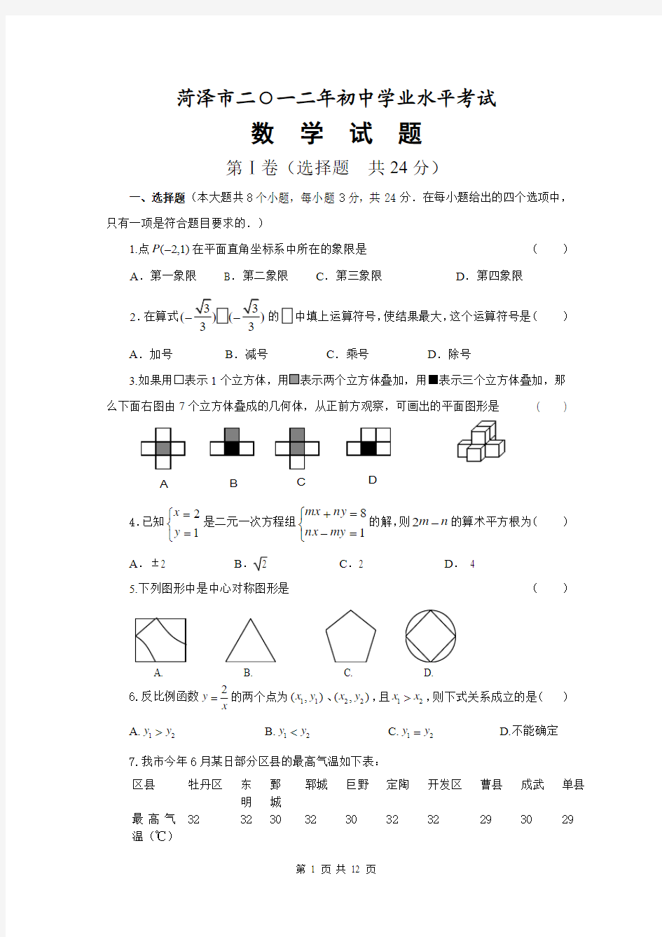 2012年菏泽市初中学业水平考试