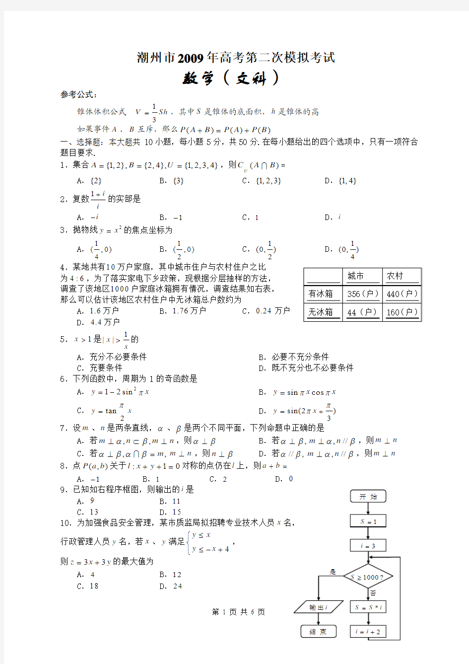 2009年潮州市高考第二次模拟考试数学试题(文科)(word版.有答案).doc