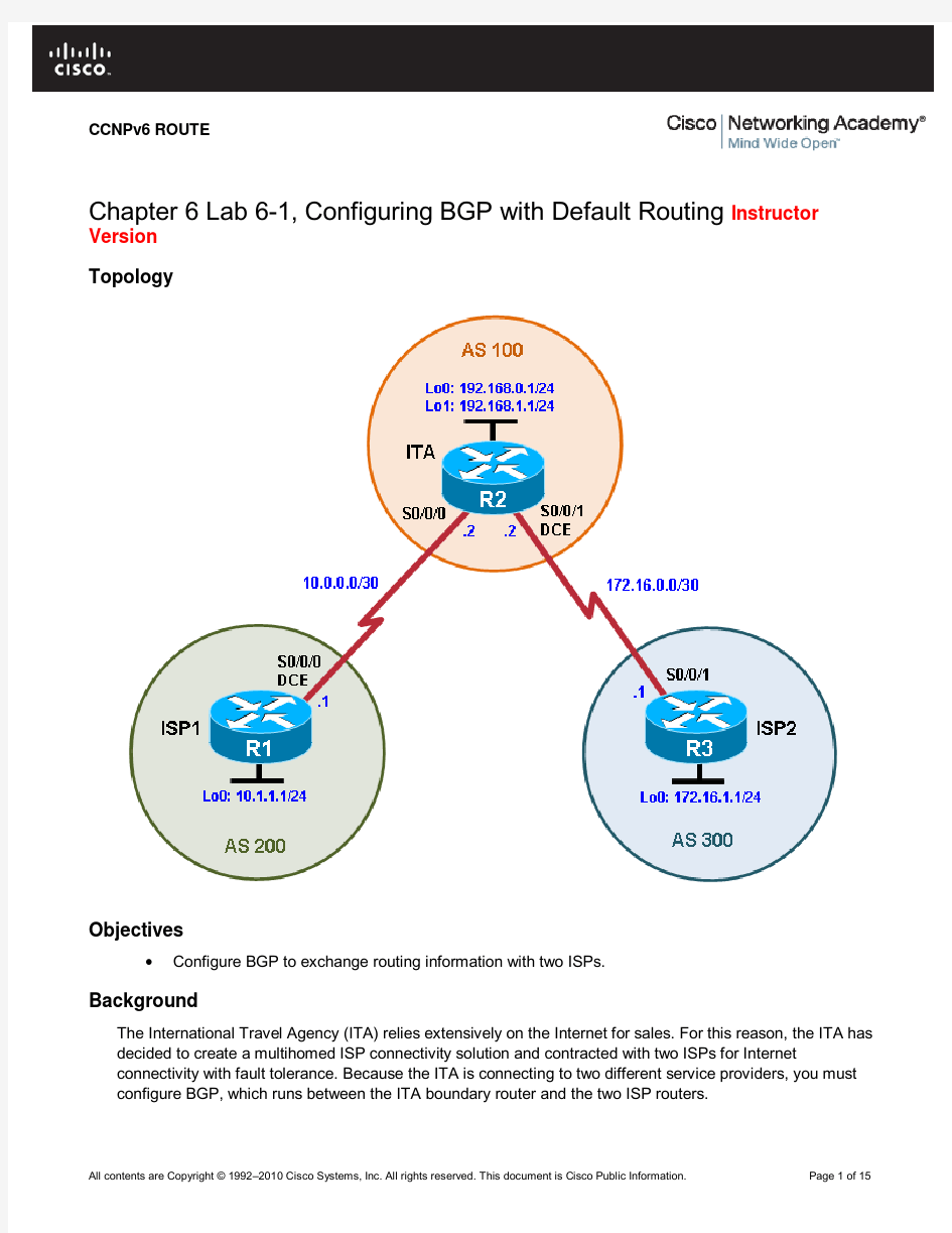 CCNPv6_ROUTE_Lab6-1_BGP_Config_Instructor