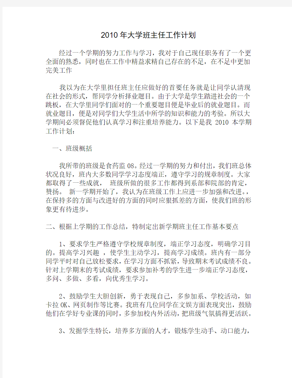 2010年大学班主任工作计划