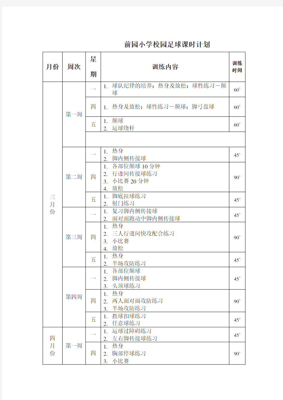 小学校园足球训练课时安排