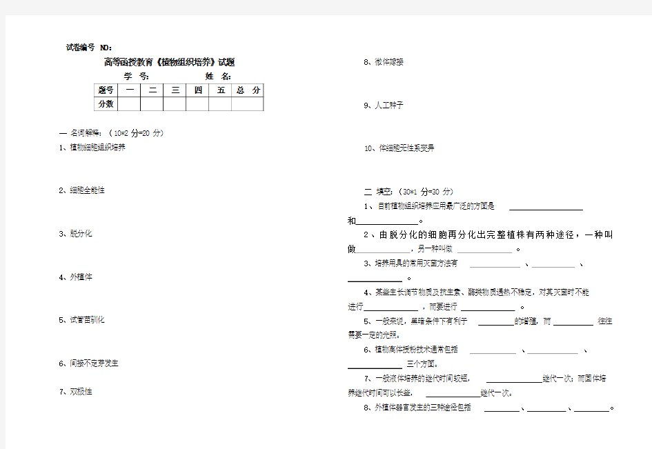 植物组织培养试题及答案