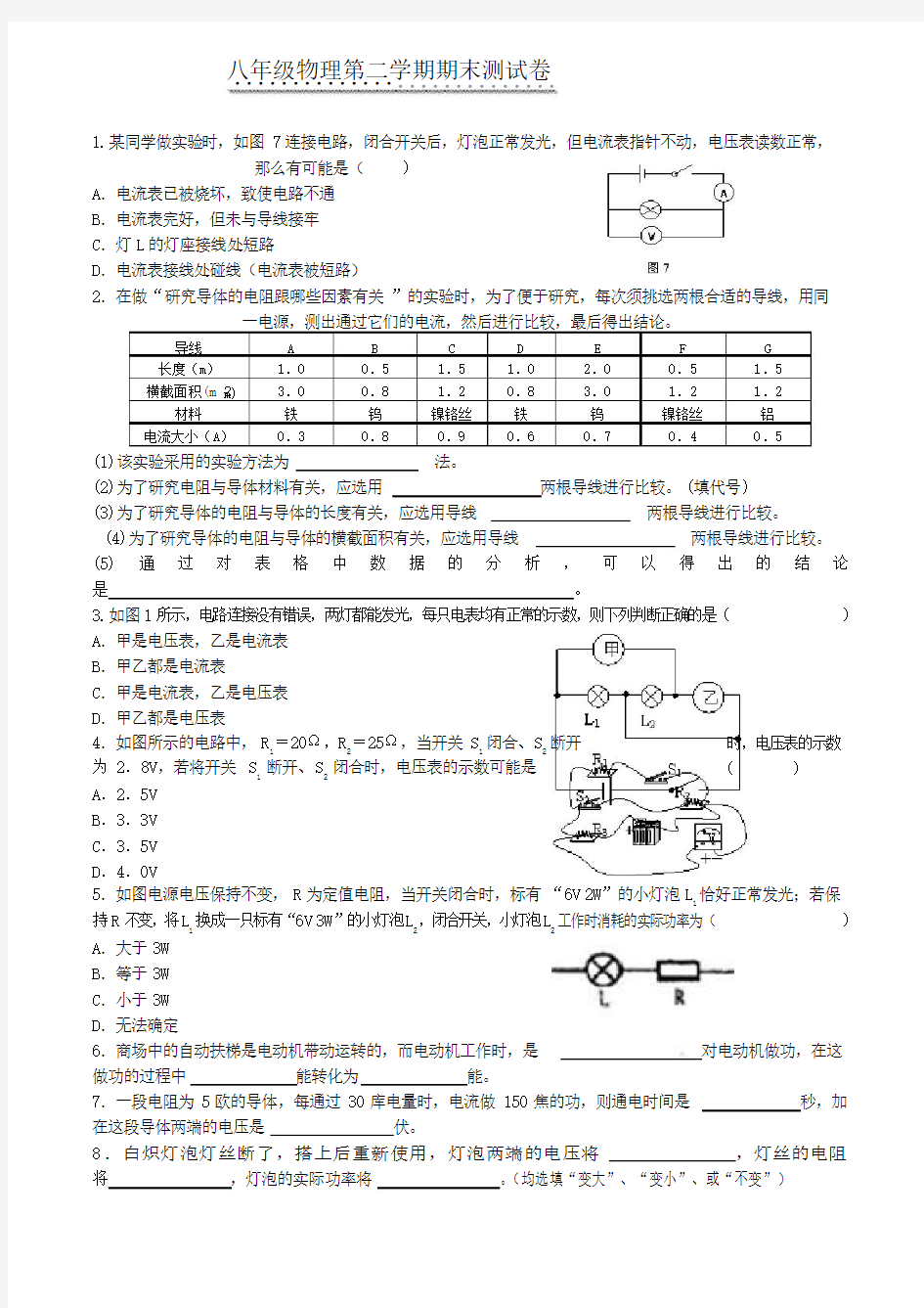 人教版八年级下册物理期末试卷及答案