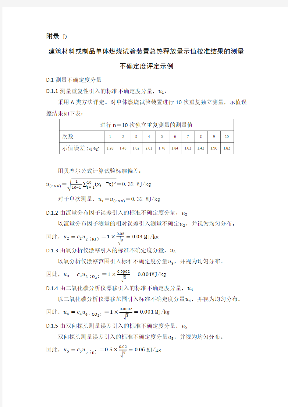 建筑材料或制品单体燃烧试验装置总热释放量、烟气释放量示值误差测量不确定度评定实例