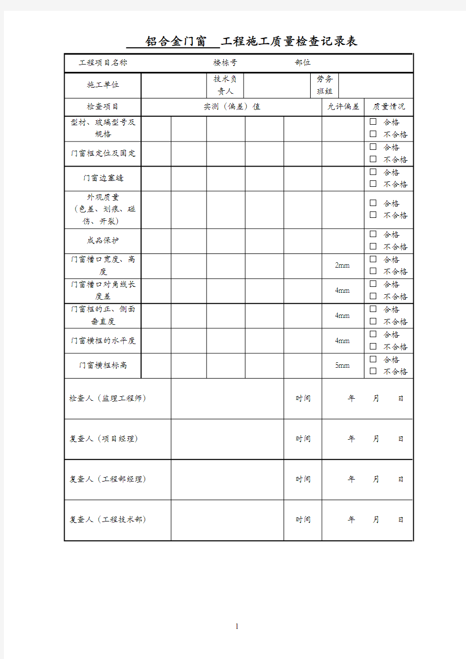 铝合金门窗工程施工质量检查记录表