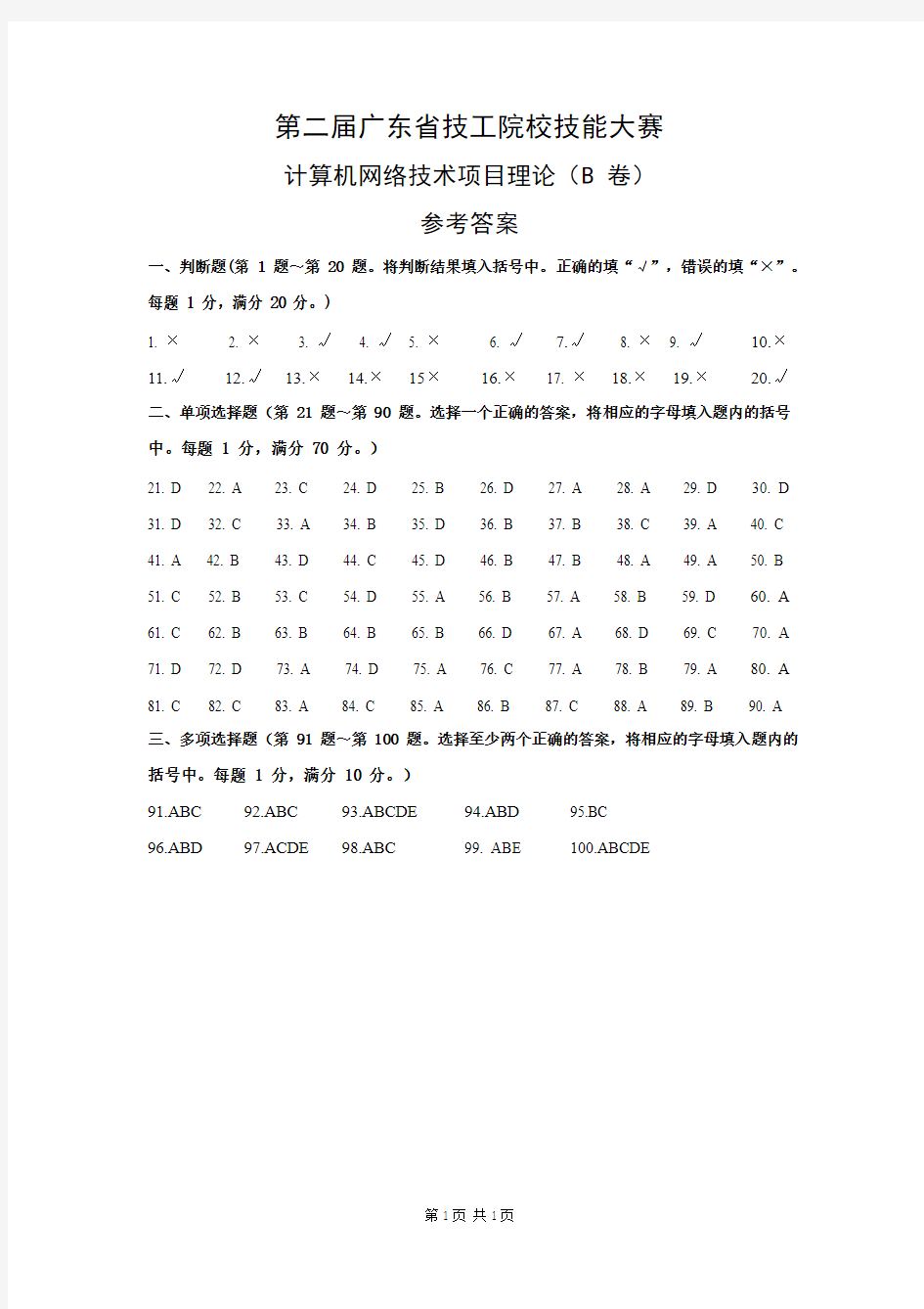 第二届广东省技工院校技能大赛计算机网络技术项目理论(B卷)答案