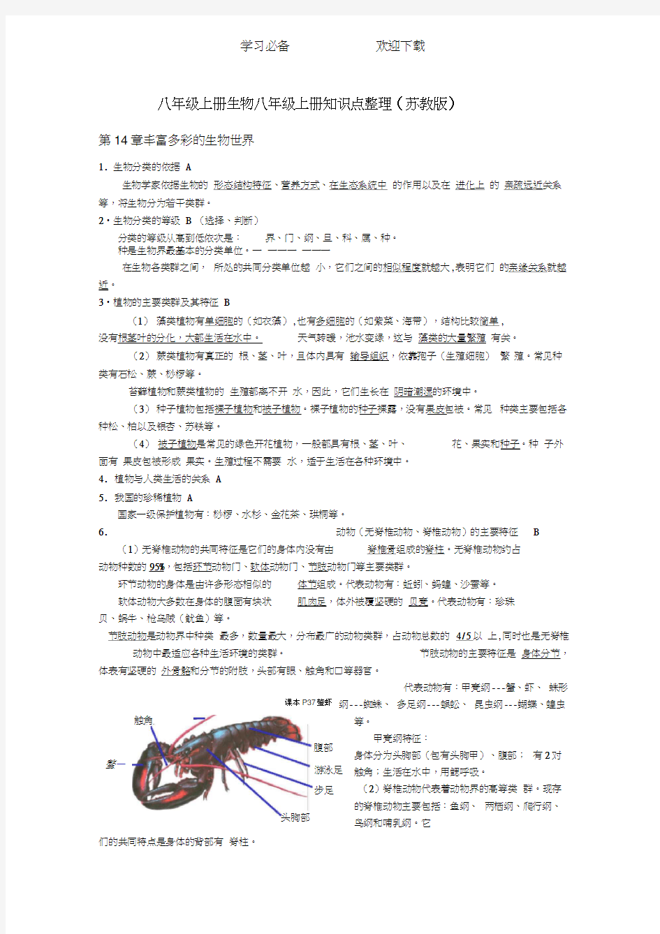 最新版本(苏教版)八年级上册生物八年级知识点整理