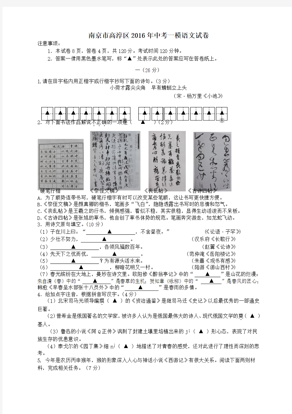 江苏省南京市高淳区2016届中考一模语文试卷(含答案)