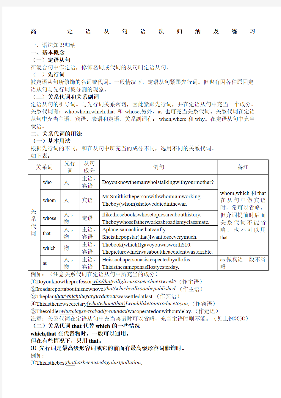 高一定语从句专项练习题精选