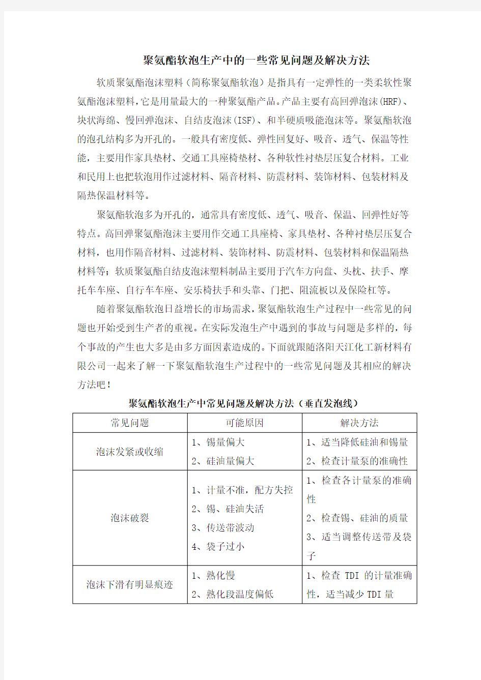 聚氨酯软泡生产中的一些常见问题及解决方法