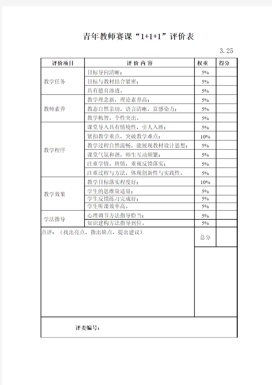 青年教师赛课评价表