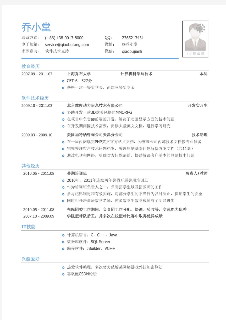 软件技术支持岗位个人简历模板