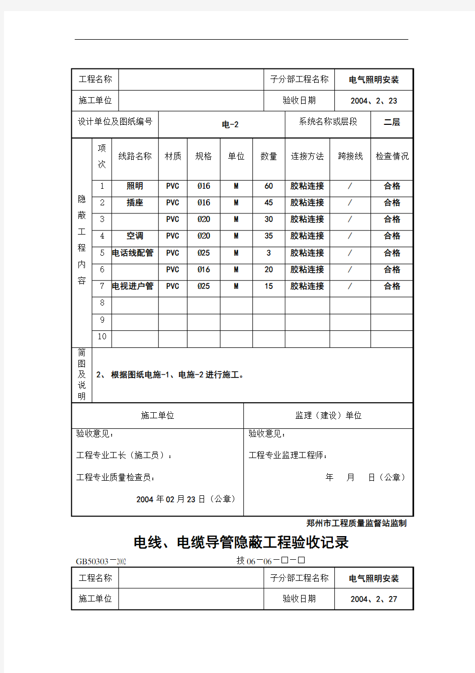 电线电缆导管隐蔽工程验收纪录