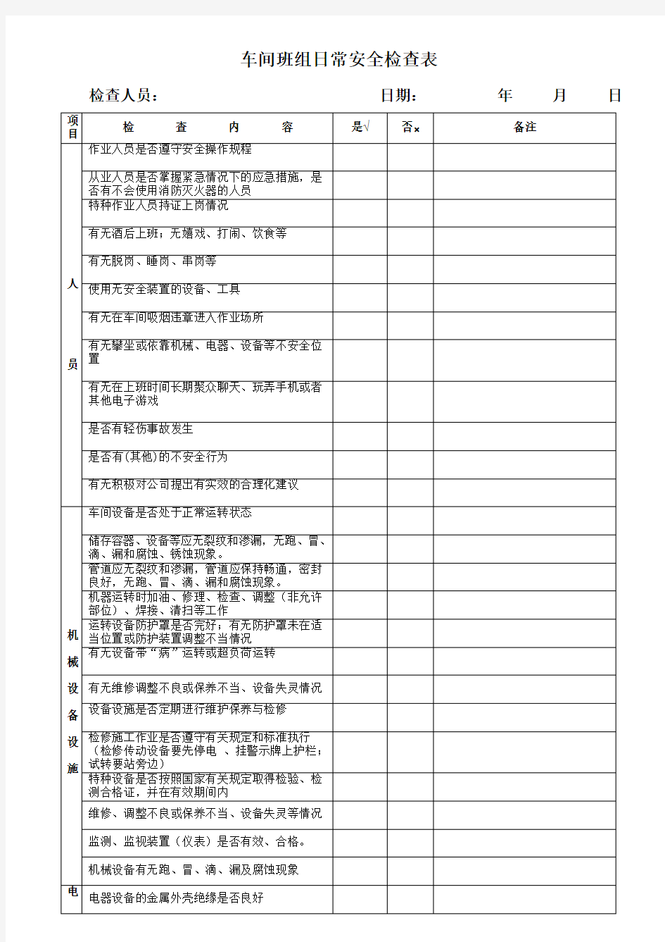 车间安全检查表