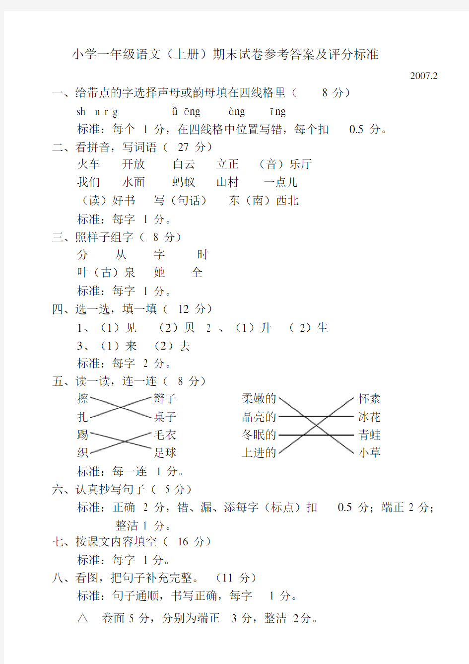 小学一年级语文(上册)期末试卷参考答案及评分标准.doc