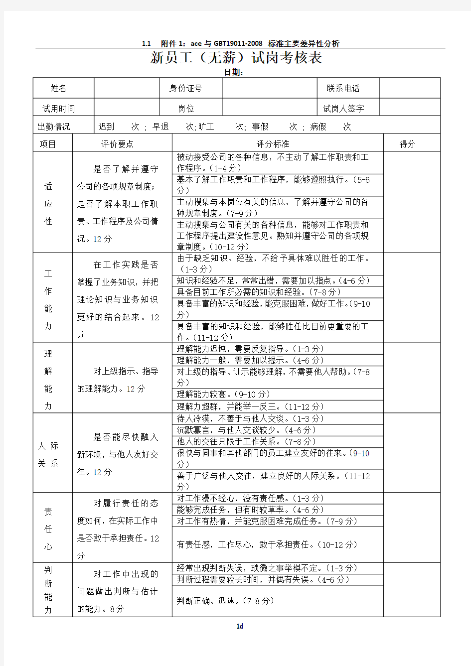 新员工试岗期考核表