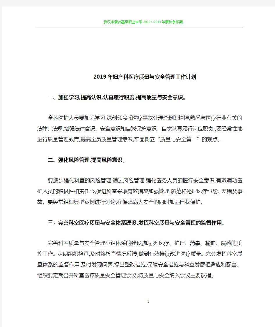 2019年妇产科医疗质量与安全管理工作计划