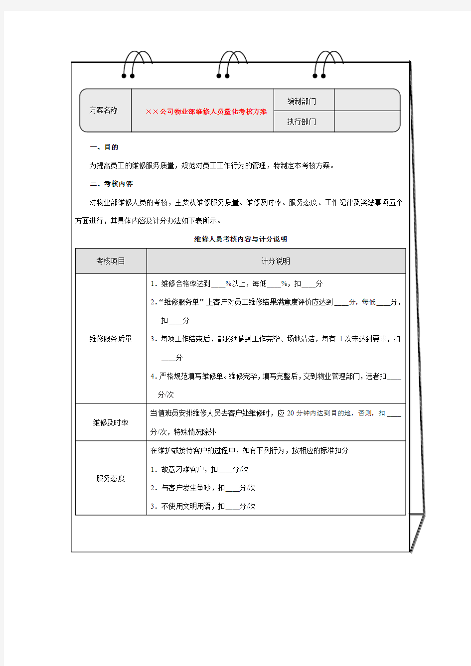 ××公司物业部维修人员量化考核方案