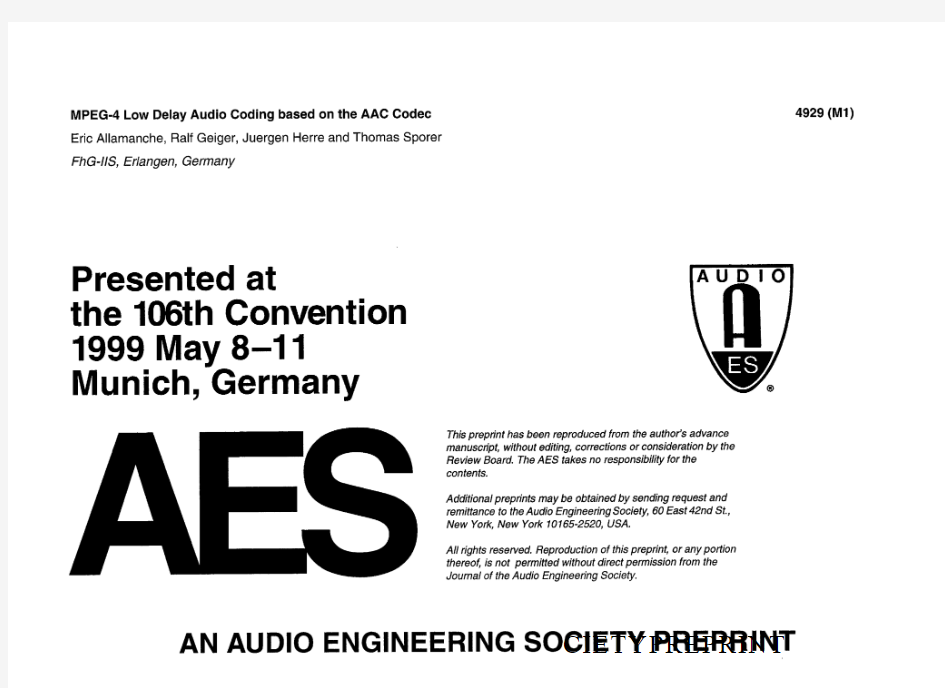 AN AUDIO ENGINEERING SOCIETY PREPRINT MPEG-4 Low Delay Audio Coding Based on