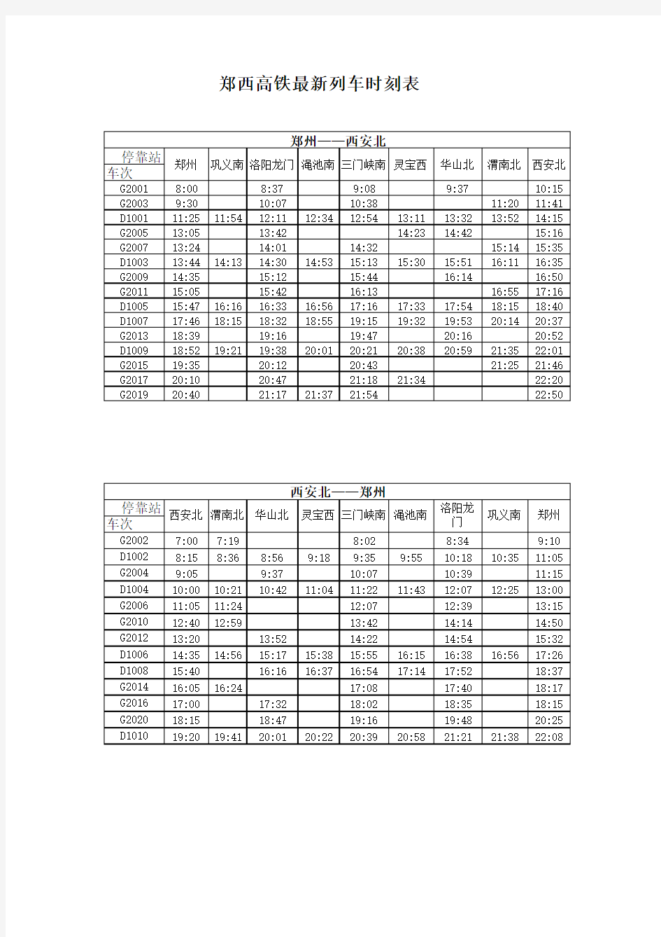 郑西高铁最新列车时刻表