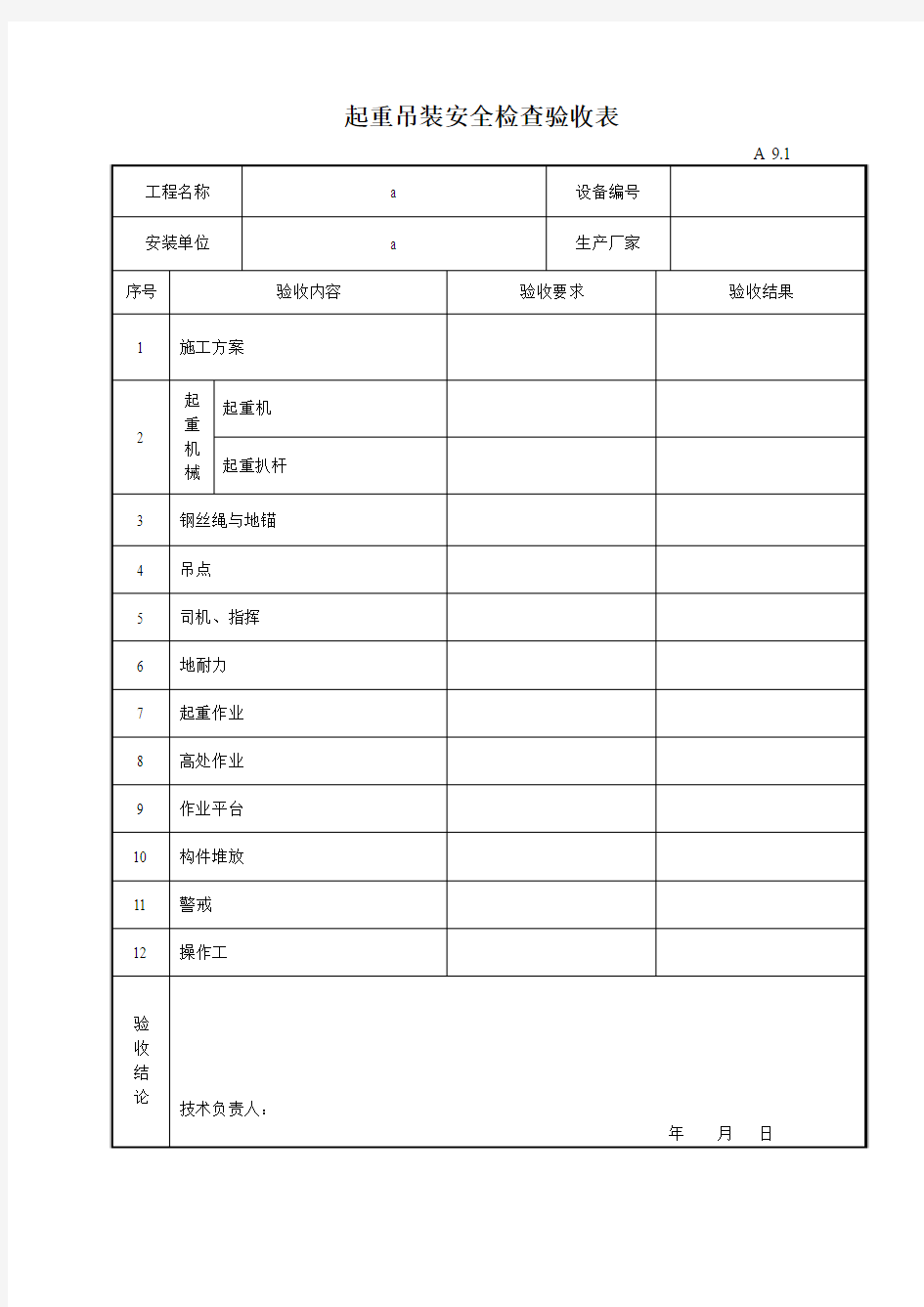 起重吊装安全检查验收表