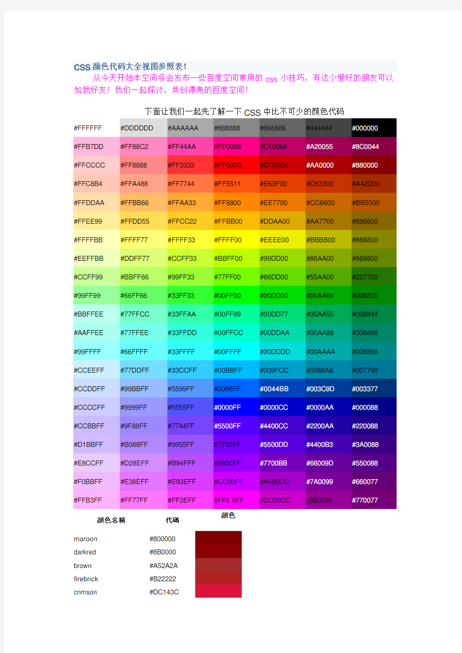 CSS颜色代码大全视图参照表!