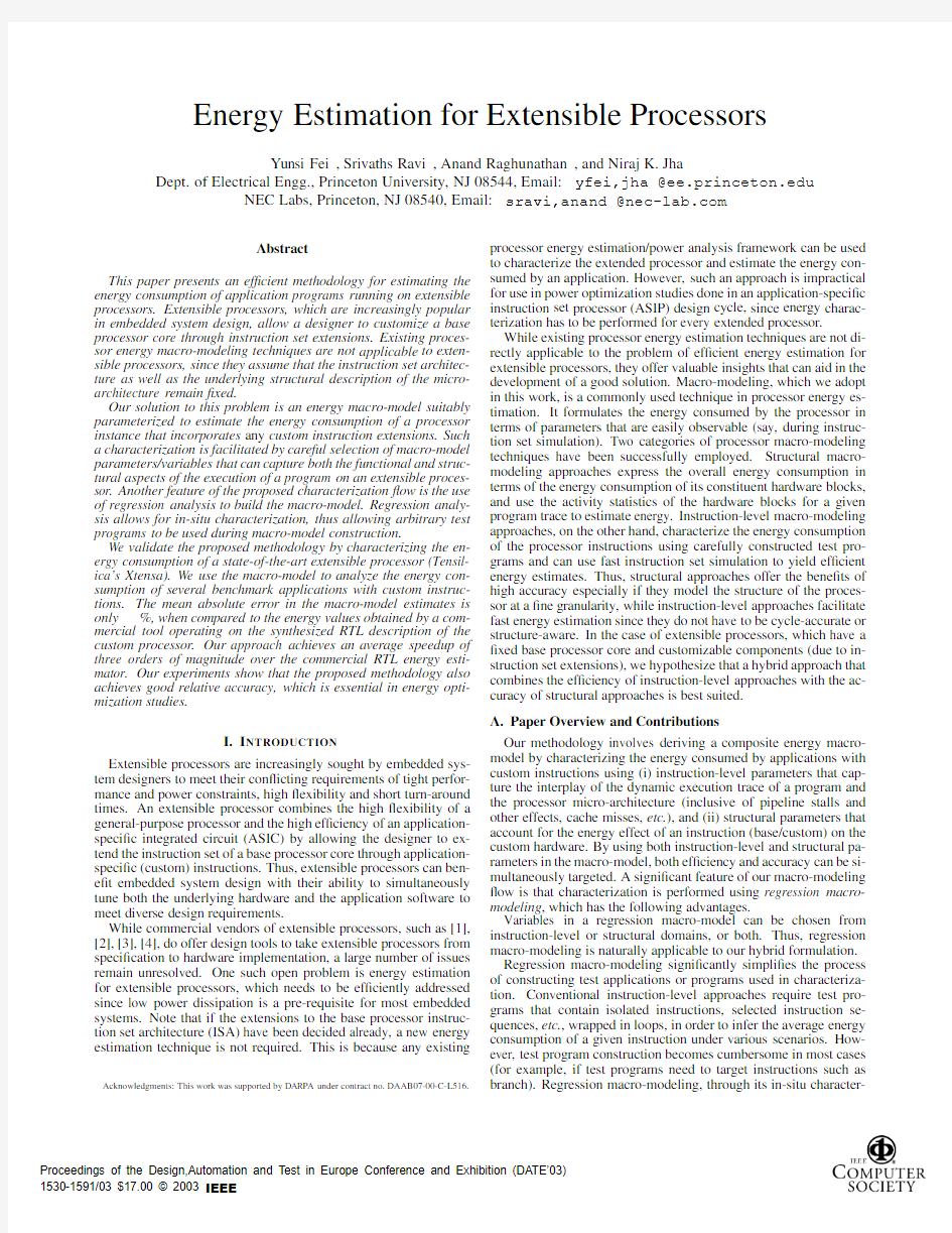 Energy estimation for extensible processors