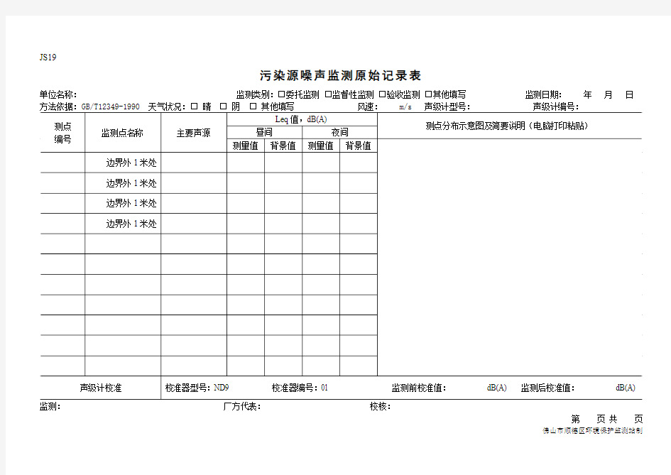 污染源噪声监测原始记录表