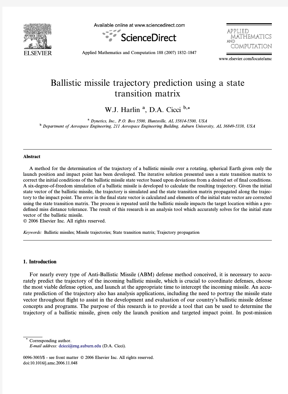 Ballistic missile trajectory prediction using a state