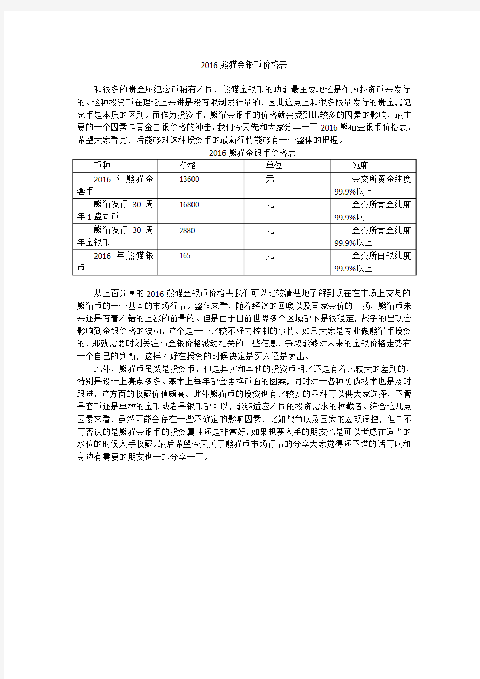 2016熊猫金银币价格表