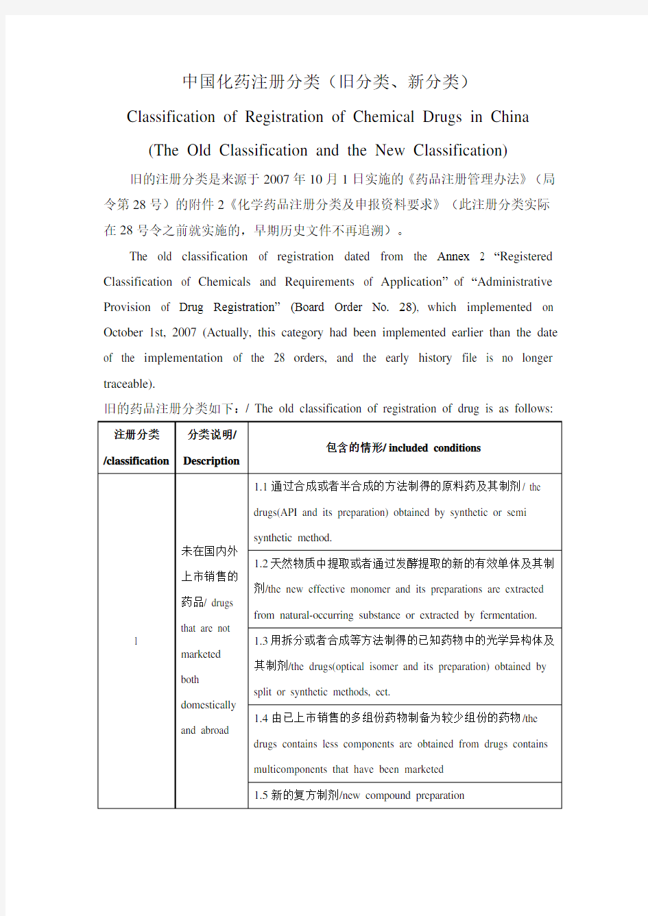 中国化药注册分类(旧分类、新分类)中英文双语版