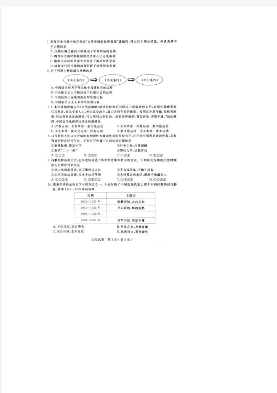 2012年江苏苏州中考历史试卷(扫描版有答案)