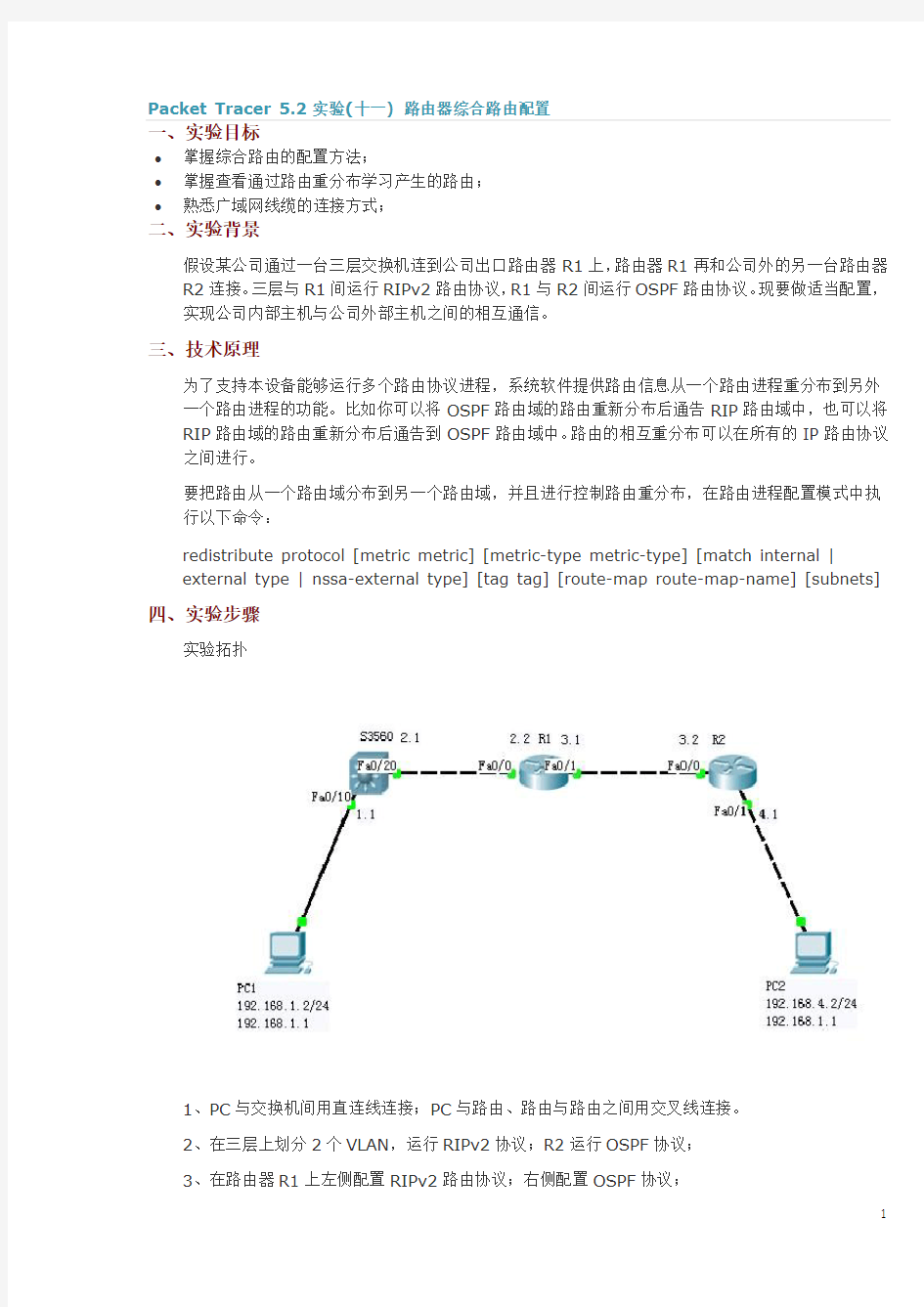 Packet Tracer 5.2实验(十一) 路由器综合路由配置