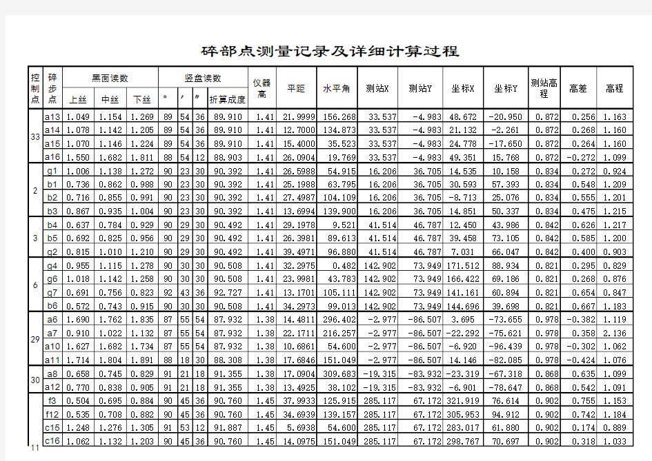 碎部点测量记录及详细计算过程